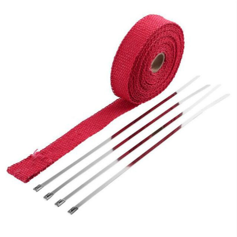 Rollo de cinta térmica de fibra de vidrio para escape de motocicleta, protector térmico para tubo de escape, protección térmica con bridas de acero inoxidable, 5M: Rojo