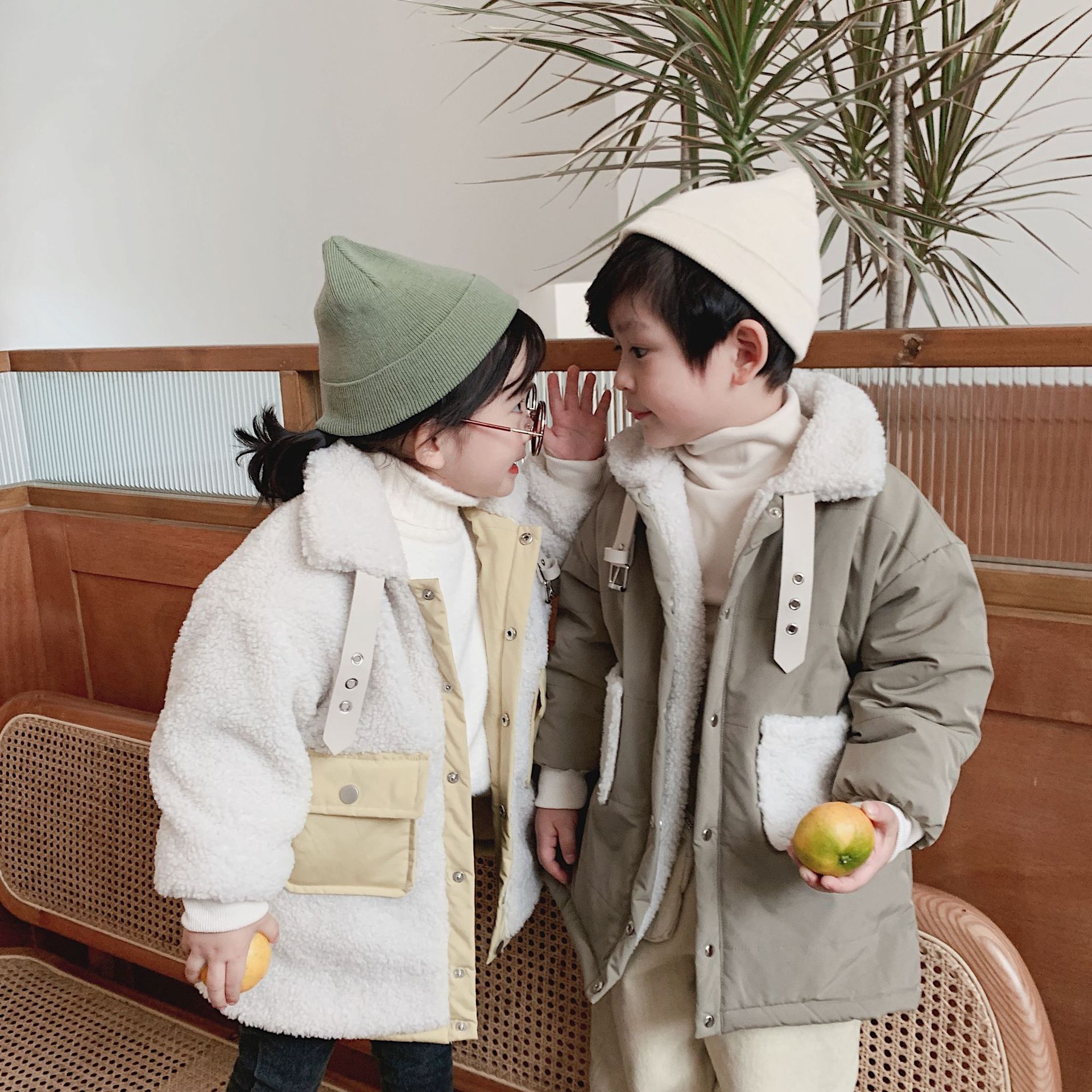 winter long boys and girls cotton children's lambs hair double-sided cotton padded cotton jacket
