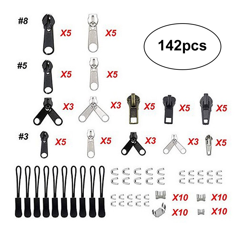 Zipper Repair Replacement Universal Zippers Auxiliary Fix Tools Zip Slider Teeth for Bags Tailor Jacket Sewing Craft Bulk Set: 142 Pcs