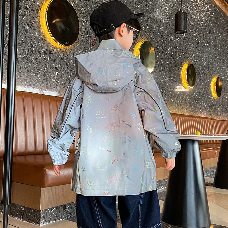 Spring Reflective Hoodies Coat Hip Hop Luminous Jacket Night Reflective Sports Outerwear Kid Boy Graffiti Casual Street Wear
