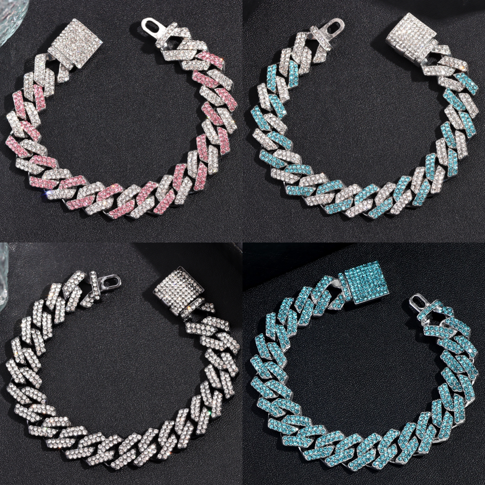 Pulsera de cadena de eslabones cubanos con punta de cristal helado rosa y azul a la para mujer, pulseras cubanas con diamantes de imitación ostentosos, joyería de Hip Hop