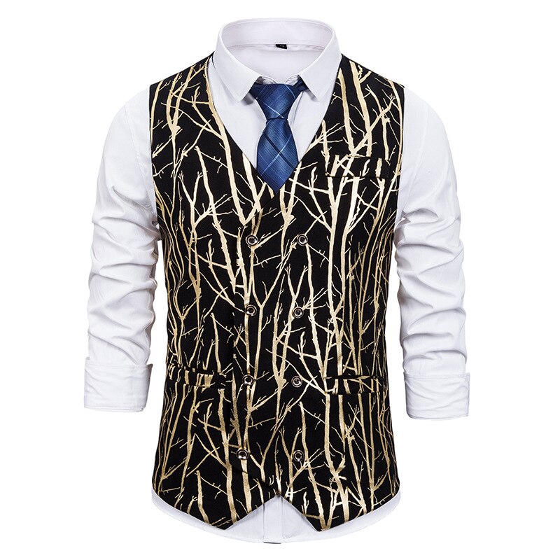 Zweireiher Weste Männer Hipster glänzend Gold Schlange aufbringen Druck Weste Weste Männer Nachtclub Party Hochzeit Gilet Homme: Gold / S