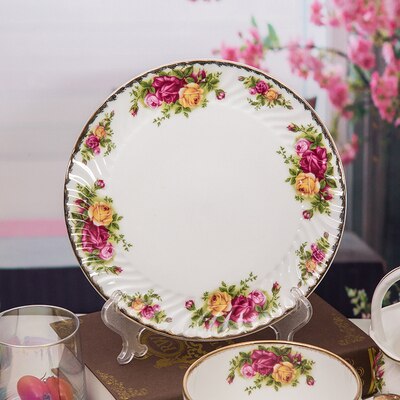 screw thread plate relief bone china plate rose tableware set dessert plate cake plate: 8INCH