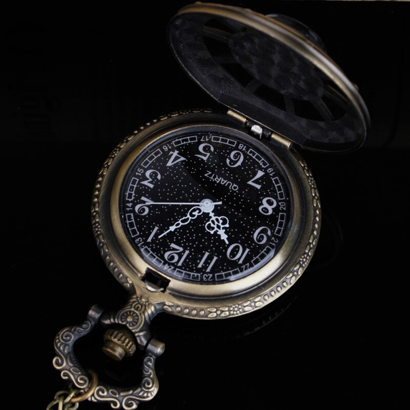 Arrvial Compass Vintage Hollow Skeleton Pocket Watch Black Starry Round Dial Antique Pendant Clock Retro Unisex