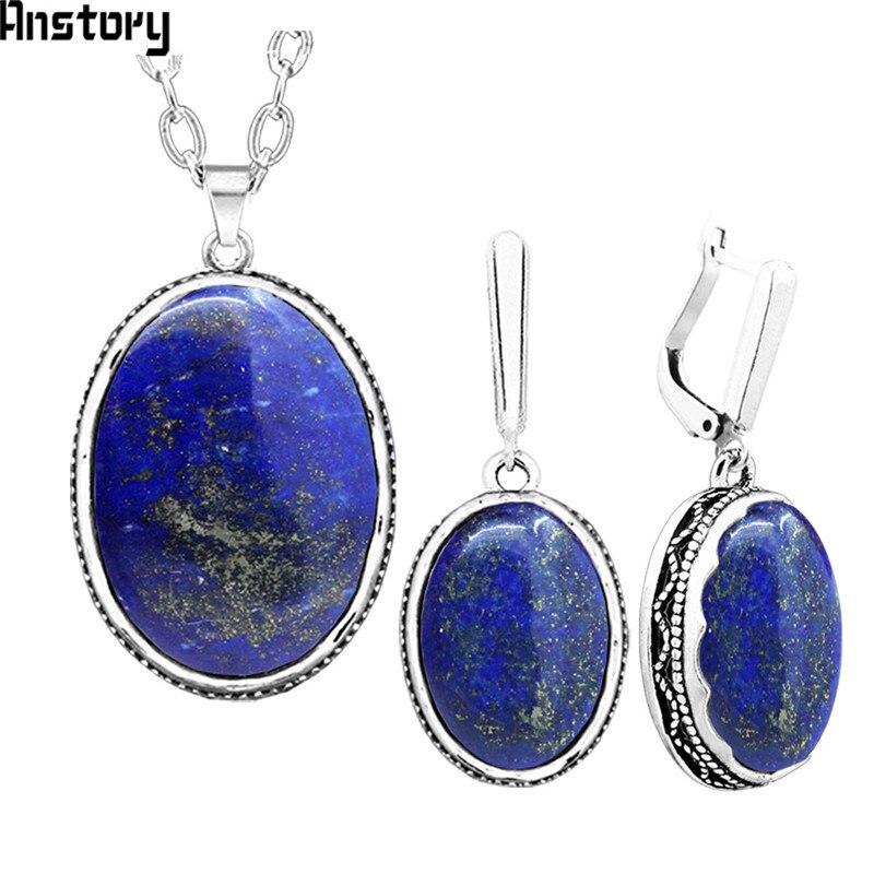 Oval Natürliche Lapislazuli Schmuck-einstellen Halskette Ohrringe Für Frauen Antikes Silber Überzogene Edelstahl Kette Hochzeit