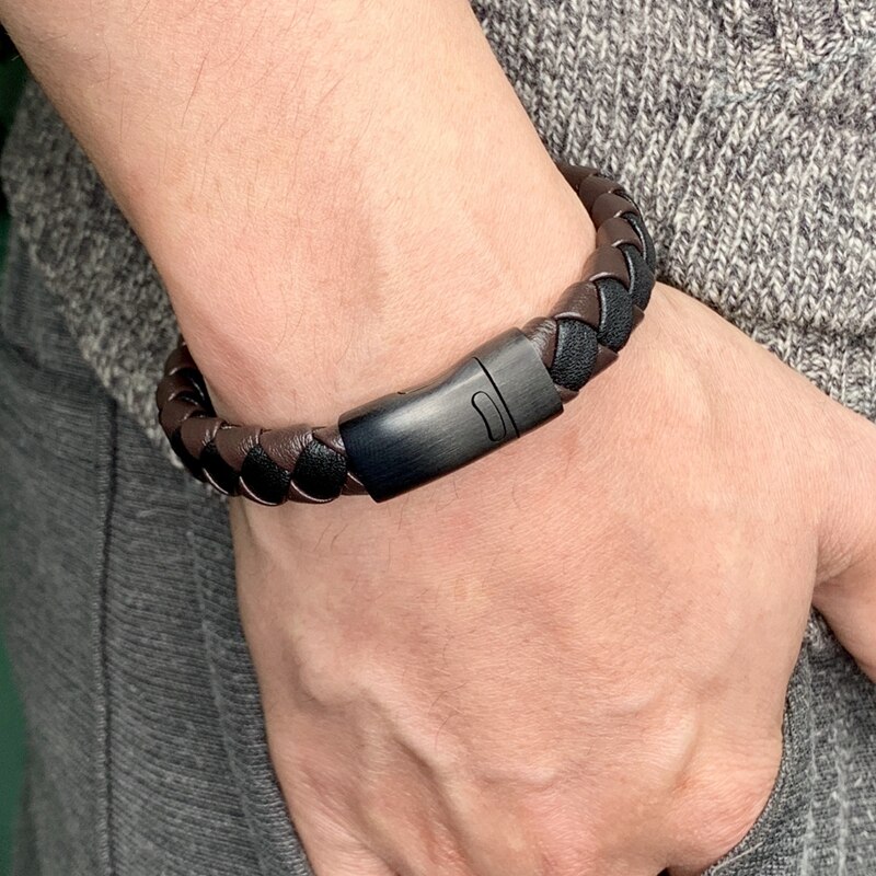 Schwarz Edelstahl Magnetische Verschluss Männer Armbinde Geflochtene Leder Armbinde für Männer Schmuck Jahrgang Mann Zubehör SP0023