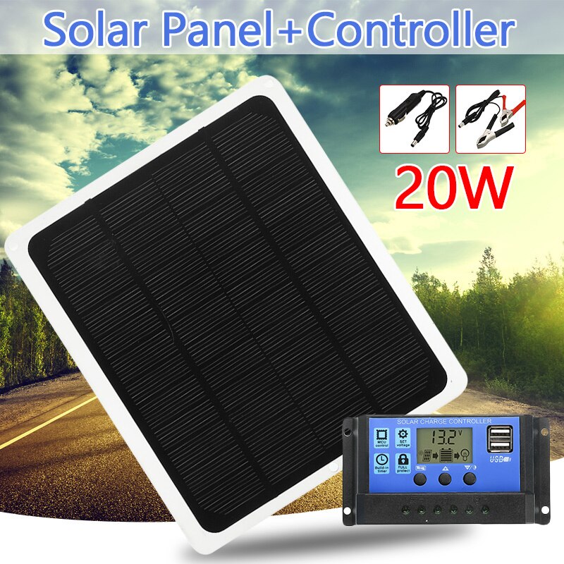 20W 12V Dual Output Zonnepaneel met Autolader + USB Solar Charger 10/20/30 /40/50A Controller voor Outdoor Camping LED Licht