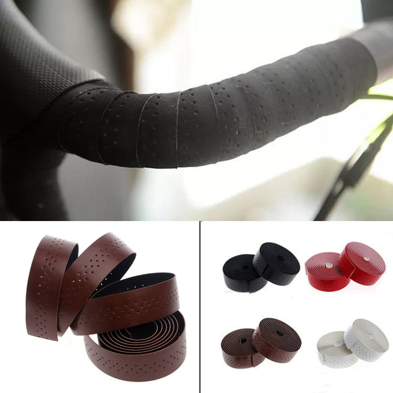 1 par cyklar mtb vägcykel styrtape pu läder cykel kork wrap bar grepp band näthål bälte bar solid färg