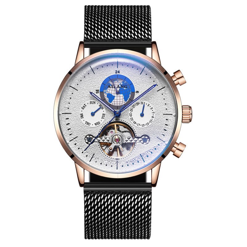 Ailang 2022 Mannen Business Tourbillon Automatische Mechanische Horloges Gradiënt Mannen Lederen Waterdichte Band 8613B: Black Rose White