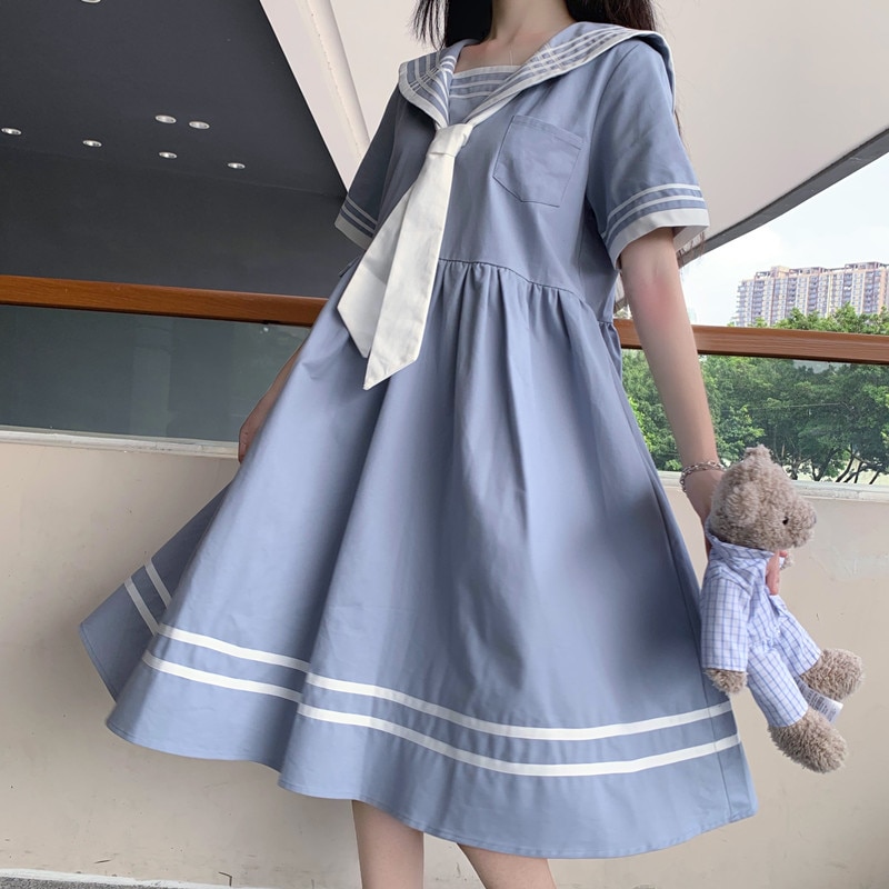 Japanilaistyylinen college-tyylinen lyhythihainen tytön mekko nainen kesä löysä makea ikää vähentävä jk merimies kaulusmekko: Valkoinen