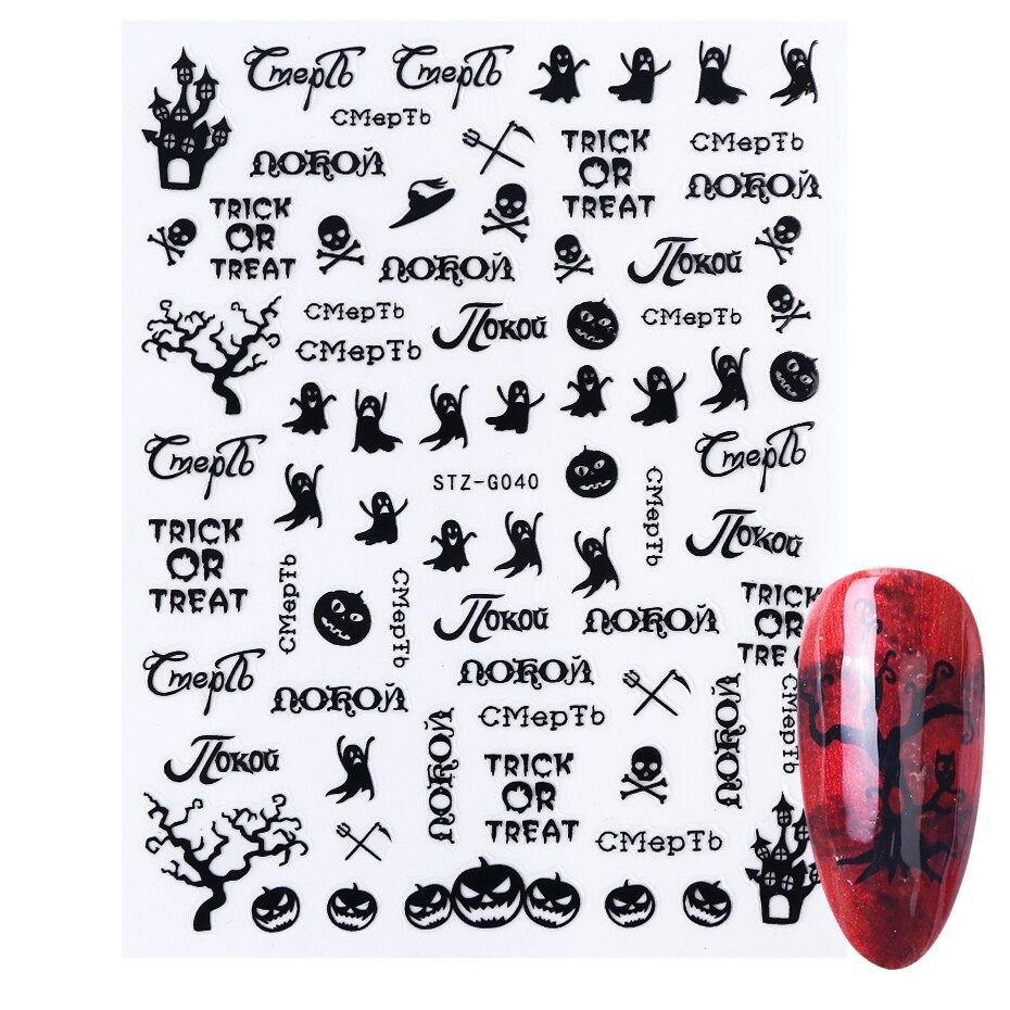 Halloween negler svarte klistremerker nail art dekaler edderkopp spøkelse gresskar kult skummelt skyveomslag negledekor manikyr chstzg 032-040: Stzg 040 svart