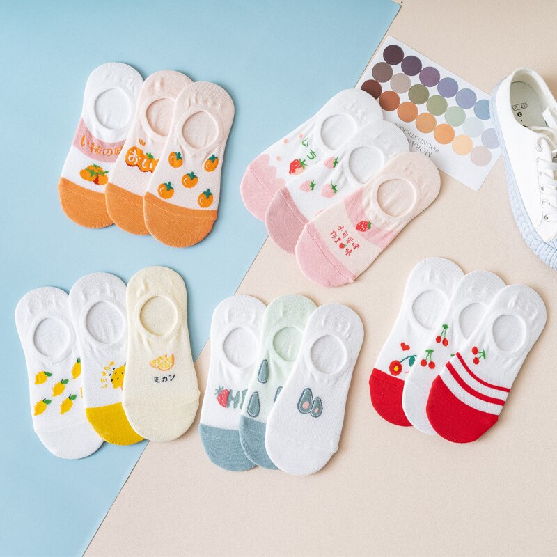 3 Pairs Lot Women Cotton Invisible Socks Cute Fruits Printed Harajuku Cartoon Casual Socks Strawberry Cherry Lemon Soft Sock