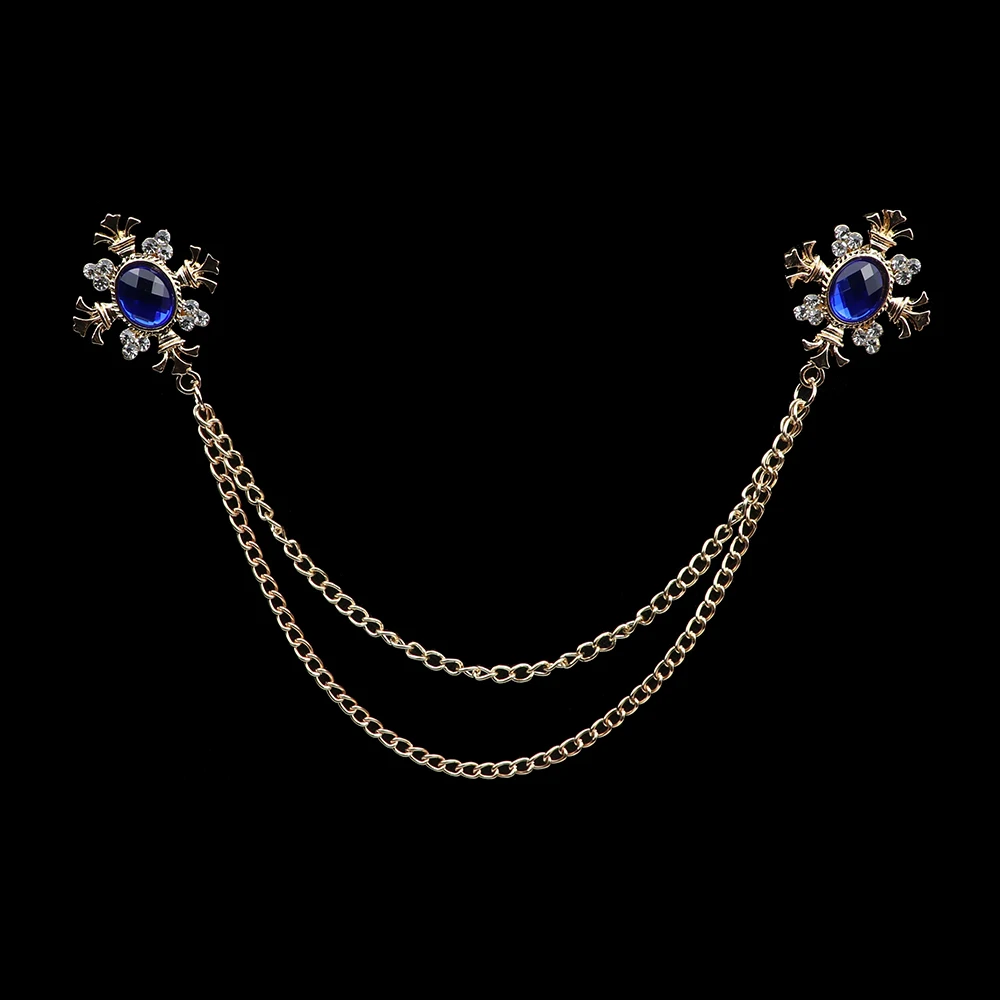 Broche de borla de caballero a la para hombre, traje, camisa, cuello, cadena cruzada de cristal, Pin de solapa, accesorios de boda Retro con diamantes de imitación: PLATEADO