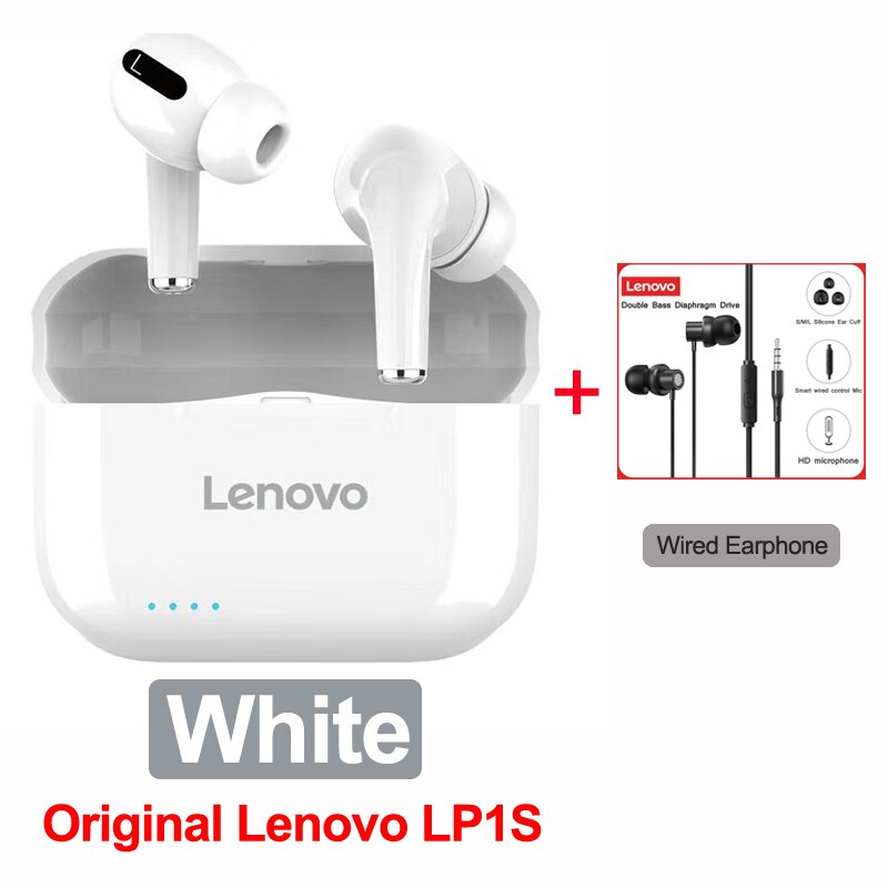 Lenovo-auriculares inalámbricos LP1S LP1 S, cascos con Bluetooth 5,0, HiFi, micrófono, deportivos, manos libres, sonido estéreo, IPX4, resistentes al agua: LP1S White ad TW13