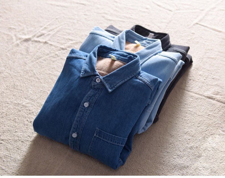 Winter Mens Distressed vintage long sleeve denim shirts fleece thick Mens lapel shirts male warm denim clothing