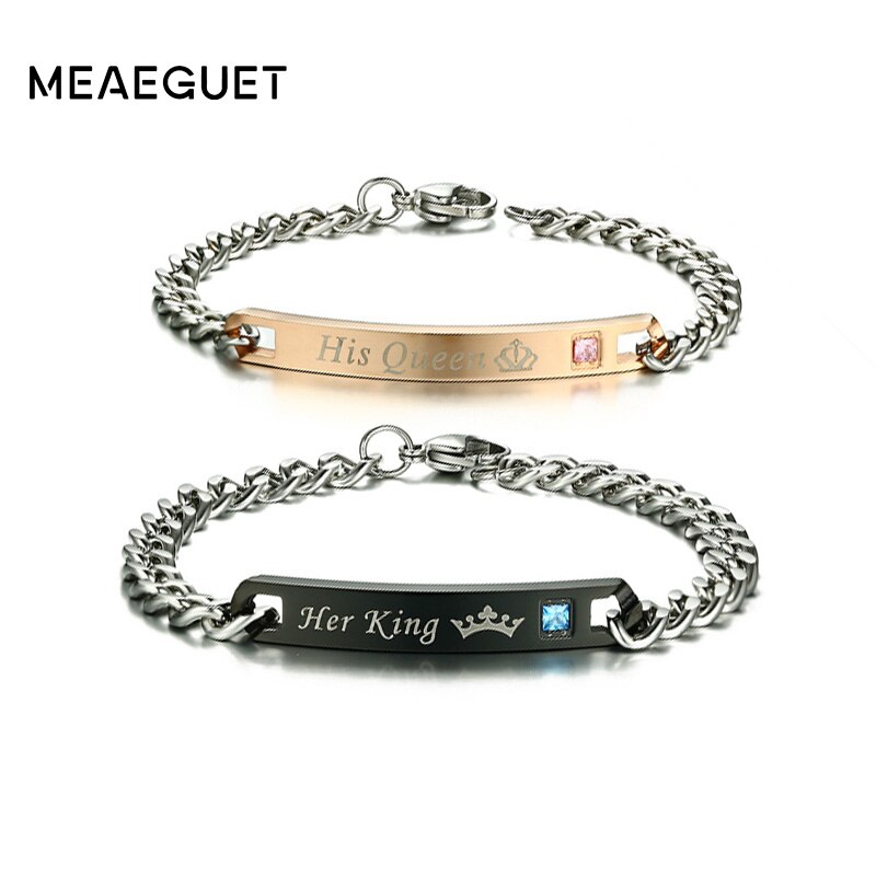 Romantic Couple His Queen Her King ID Bracelets Stainless Steel Shiny Crystal Bracelets For Lover Promise Jewelry