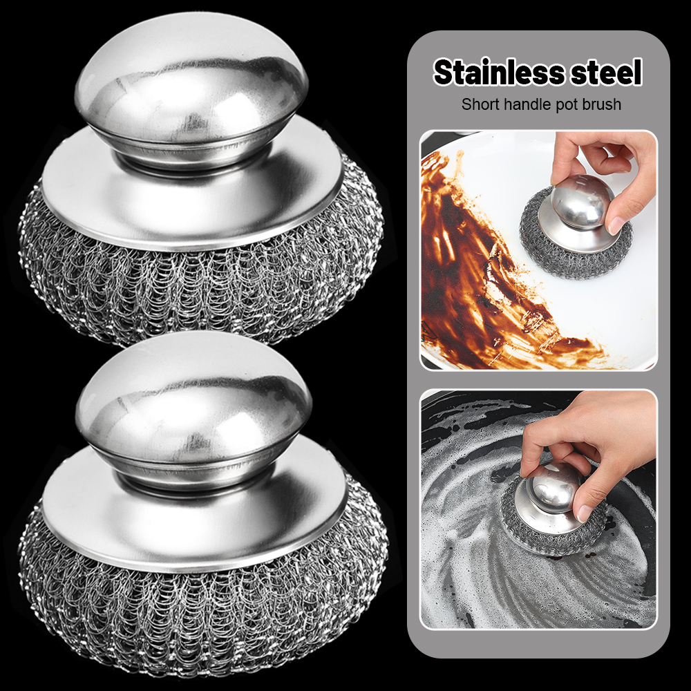 Stainless Steel Pot Brush With Handles Dishwashing Wire Ball Heavy Duty Metal Scrubber For Dishes Pan Household Cleaning Tools