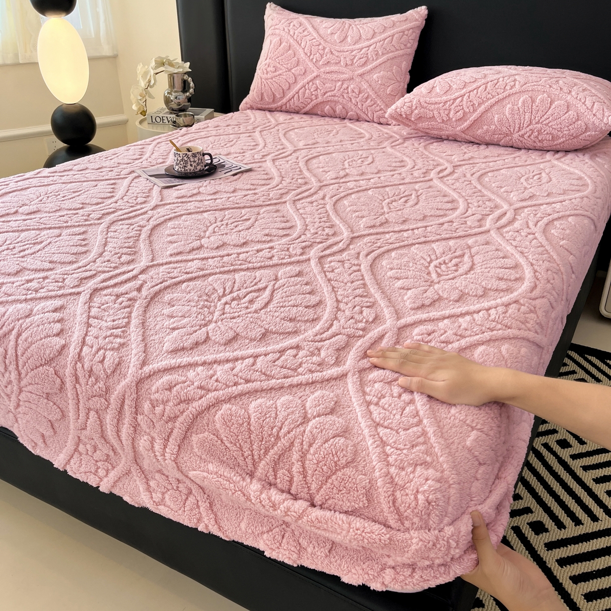 Sábana bajera suave de lana Coral para invierno, funda protectora de colchón elástica, ropa de cama de felpa cálida, cama doble de lujo, tamaño Queen y King: Estados Unidos-Reina / Rojo