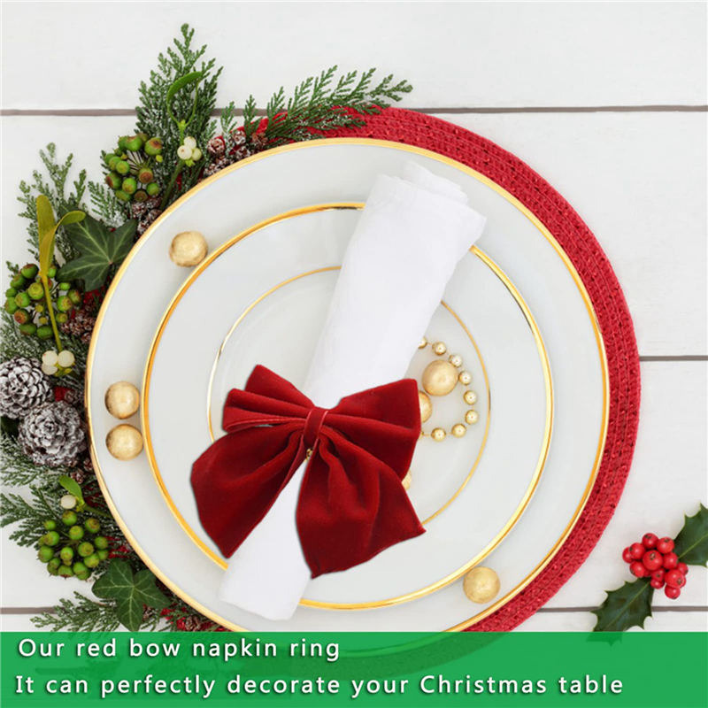 ABUN-16 Red Bow Napkin Holder Rings, Velvet Bow Xmas Napkin Holder Buckle Table Decoration For Christmas Party Dinner