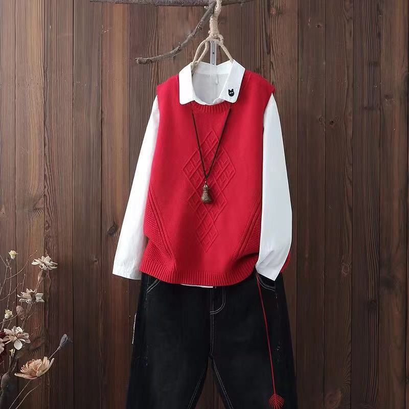 UVRCOS col rond tricoté gilet femmes collège Style pull gilet printemps et automne laine gilet pull ample: Red