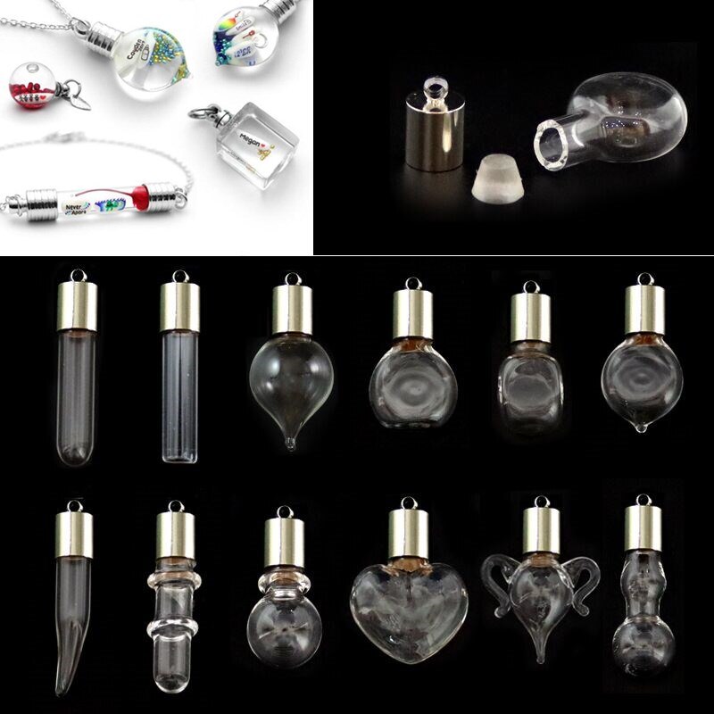 2pc 6mm mischen bilden glas Phiole Anhänger (metall kappe mit gummi stecker Mini glas charme/flasche miniatur fläschchen schmuck halskette: zufällig