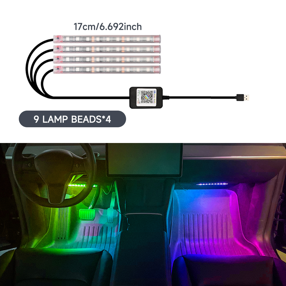 Luz LED Interior 4 en 1 de 5V-12V RGB, lámpara LED para coche, luz para pie, decoraciones para coche, control por aplicación, luz de ambiente de ritmo dinámico: 8000 K blanco azul