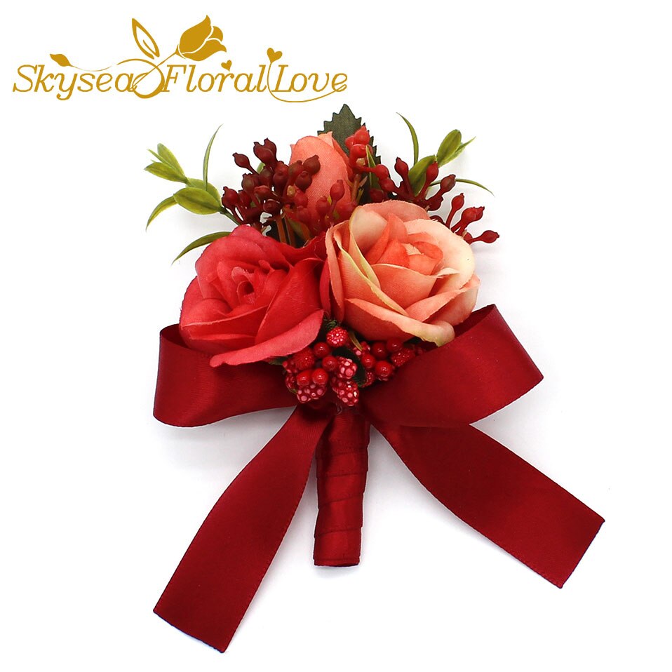 Bruiloft corsages en boutonnières broche bruid bruidegom pols corsages bruiloft bloemen: Red Boutonniere
