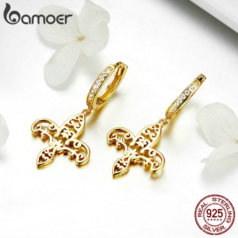 BAMOER Vintage Echt 925 Sterling Silber Iris fleur-de-lis Blume Gold Farbe Frauen Tropfen Ohrringe Ohrringe schmuck SCE535