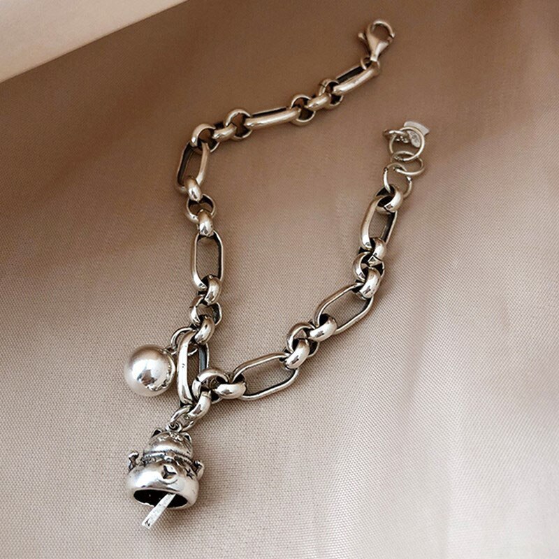 Foxanry 925 Sterling Zilveren Leuke Lucky Katten Armband Voor Vrouwen Mode Vintage Thai Zilveren Dikke Ketting Verjaardag Sieraden