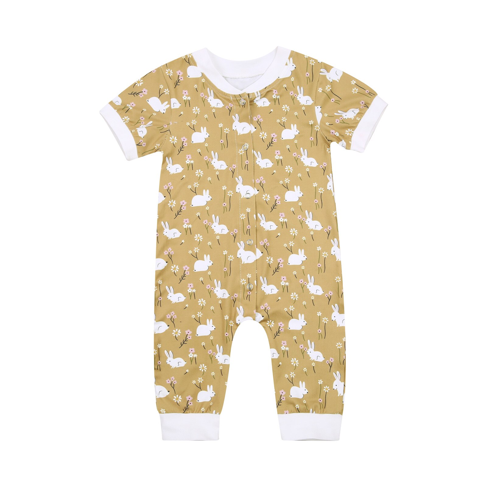 0-24M Baby Baby Jongen Meisje Korte Mouw Knoppen Open Voorzijde Konijn Bloemen Gedrukt Patroon Jumpsuit