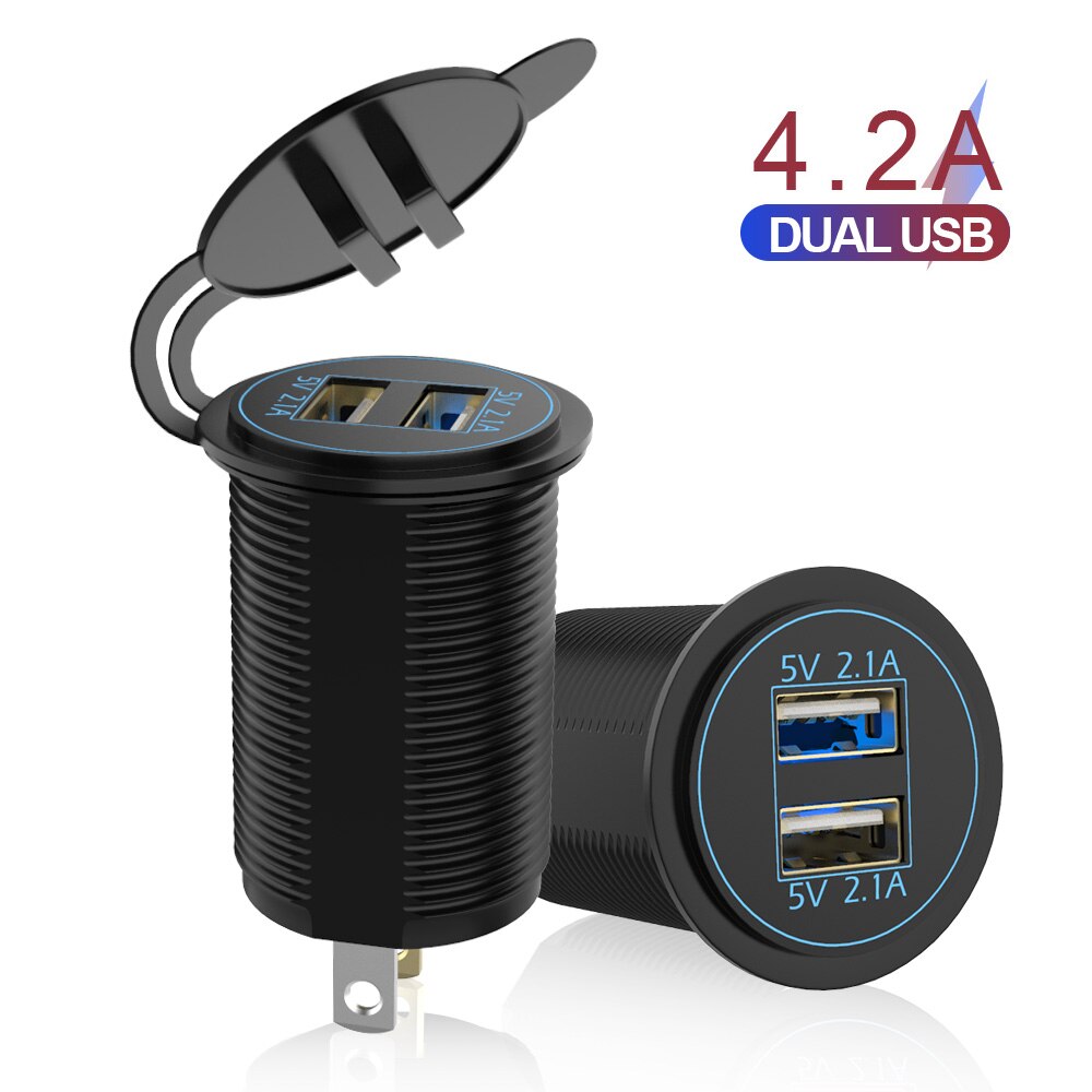 LEEPEE 12-24V 2 Port USB Dual USB Charger Power Adapter Socket 5V 4.2A output for Auto Marine Motorcycle Truck LED Blue Light