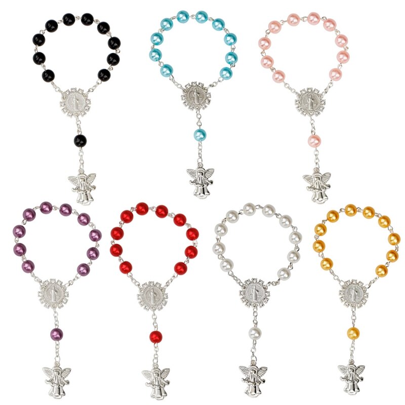 1 Uds imitación perlas católica Rosario Católico comunión alas de Ángel colgantes del Crucifijo pulsera lindo