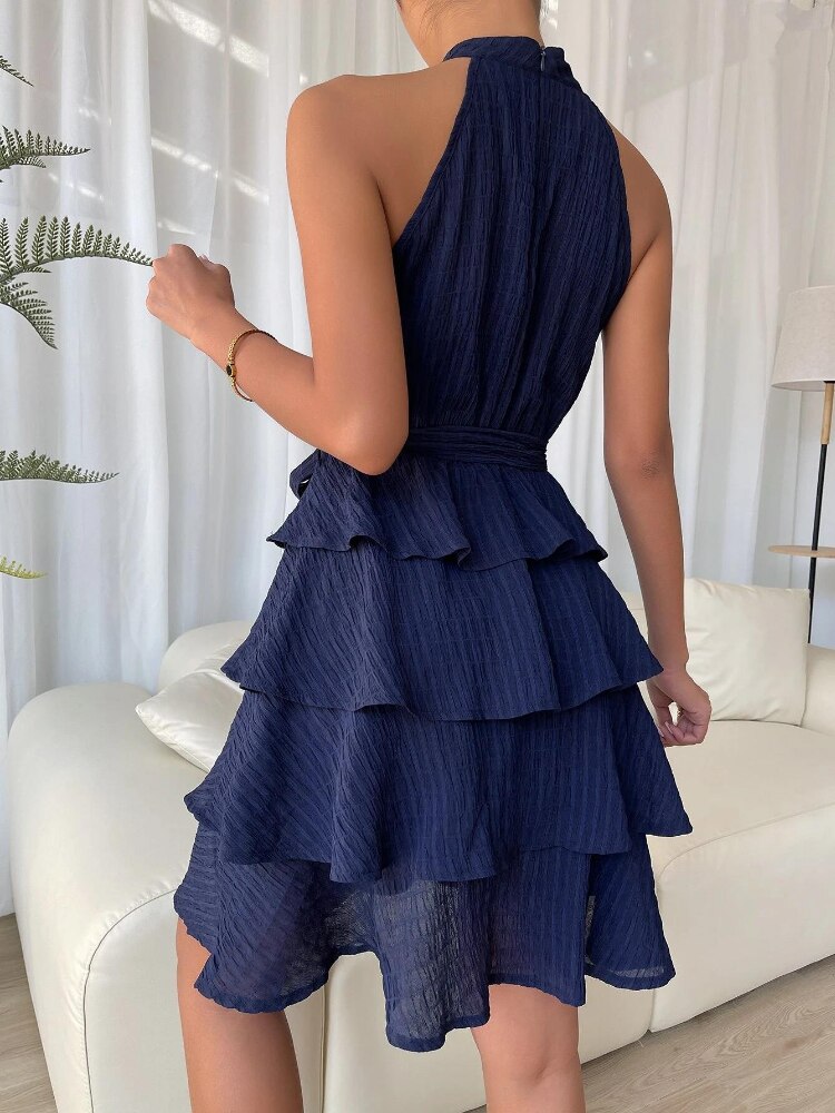 Vestido corto femenino de verano sin mangas con cuello cuadrado y cremallera, traje suave con volantes y hombros descubiertos para mujer, a la , novedad