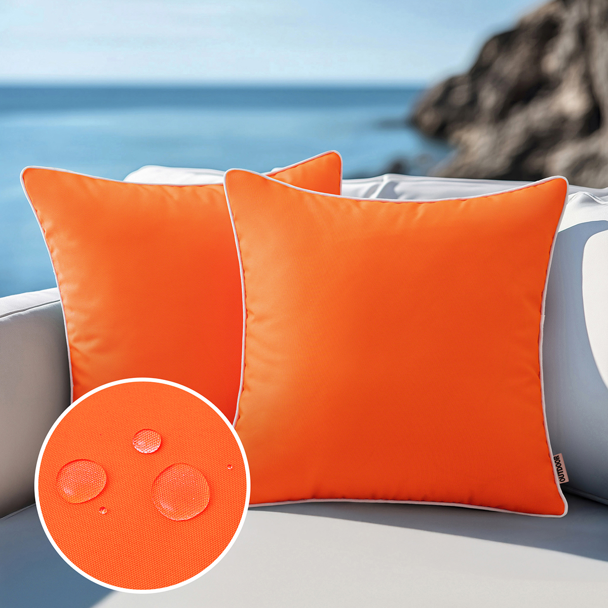 Set of 2 Outdoor Waterproof Pillow Covers 18x18, White Cushion Covers with Solid Piping, Decorative Throw Covers for Patio, Garden, Sofa or Home, No Inserts Included