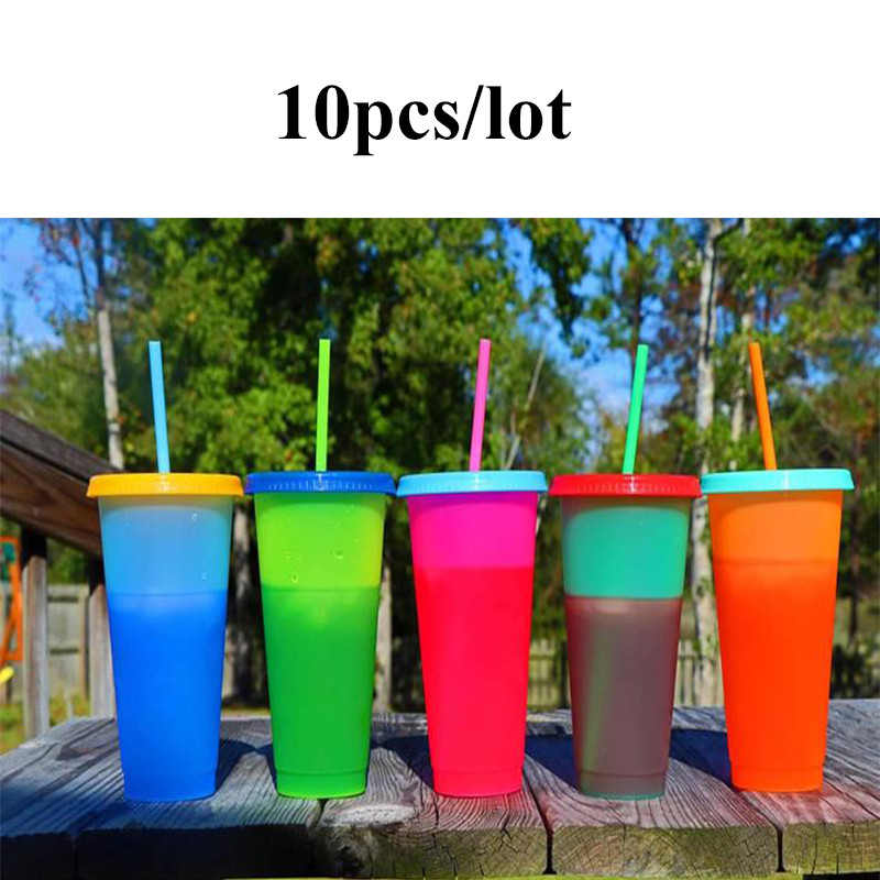 5 farver genanvendeligt plastikglas med låg og sugerør temperatur farveændring kold kop sommerdrink vandflaske 20 stk / parti: 2 pakker