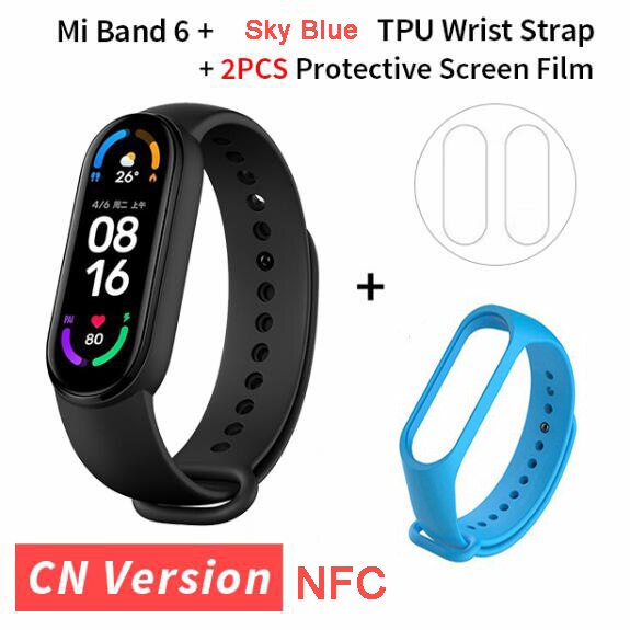 Xiaomi Mi Band 6 NFC inteligentna bransoletka 1.56 &quot;ekran AMOLED 5 kolorów tlen krwi tętno Fitness Tracker wodoodporny Miband6: skyblue strap film