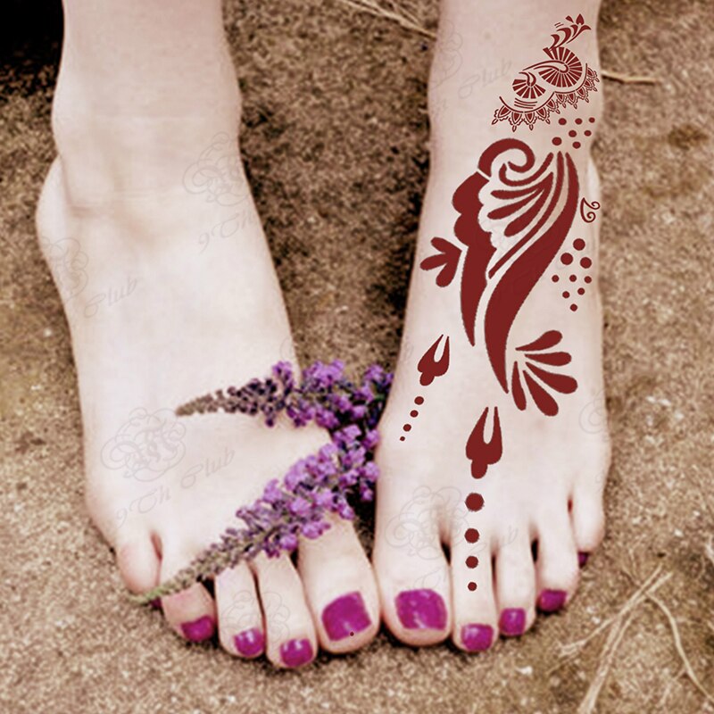 Plantillas de tatuaje de Henna para pies, 1 pieza, para pintura corporal, aerógrafo grande con purpurina de flores, plantillas de tatuaje de pies, ehndi, 24x16,5 cm