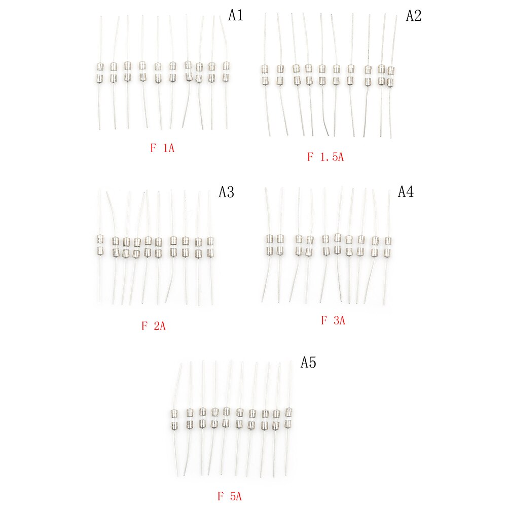 10 teile/los 1A/1.5A/2A/3A/5A 250V Doppel eisen kappe Axial Langsam Glas sicherung mit blei draht Mix Set 3,6*10mm