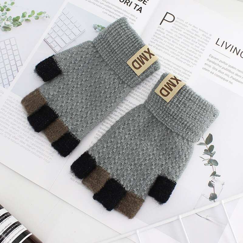 Wool Knitted Half-finger Mittens Men Fingerless Mitt Guantes Men's Warm Winter Thicken Gloves: Light grey