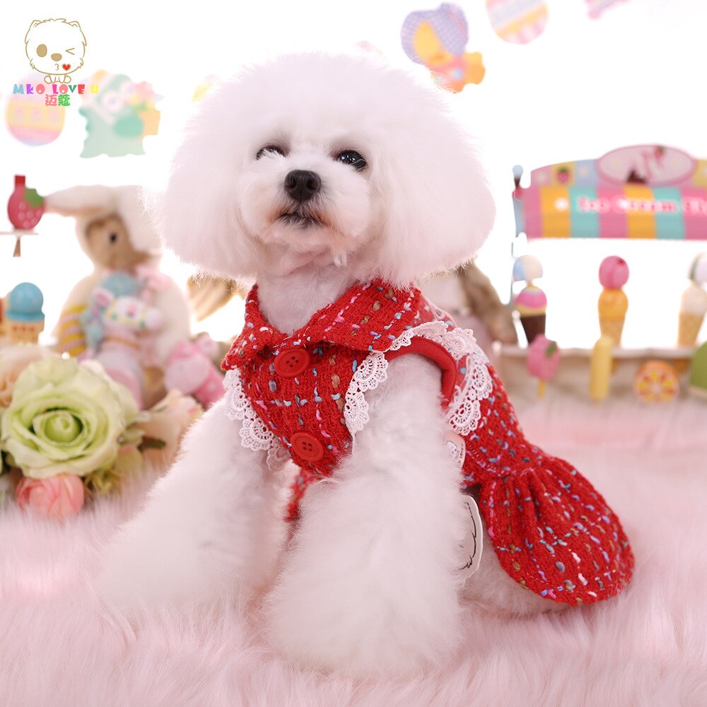 Rød lyserøde farver varme kjoler til hunde efterår og vinter to fods luksus kæledyrsnederdel med blonde hundekjole