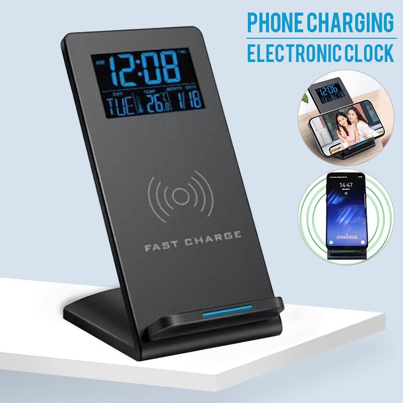 Electric LCD Digital Alarm Clock With Phone Wireless Charger Desktop Alarm Clock