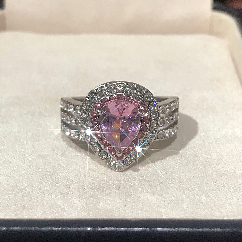 Visisap indlagt pink zirkon vand pæreformede ringe til kvinder tre-lags forlovelsesring størrelse 5 to 11 h009: 9