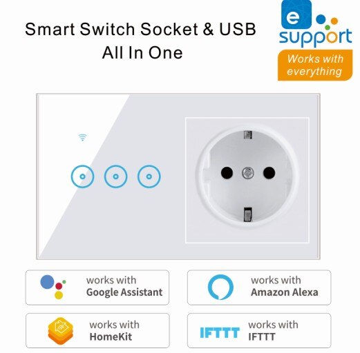 2 In 1 Wall Smart Switch Socket Tempered Glass for Ewelink and smart life APP Touching Button Wall Smart Light Controlling Panel: 3gang white