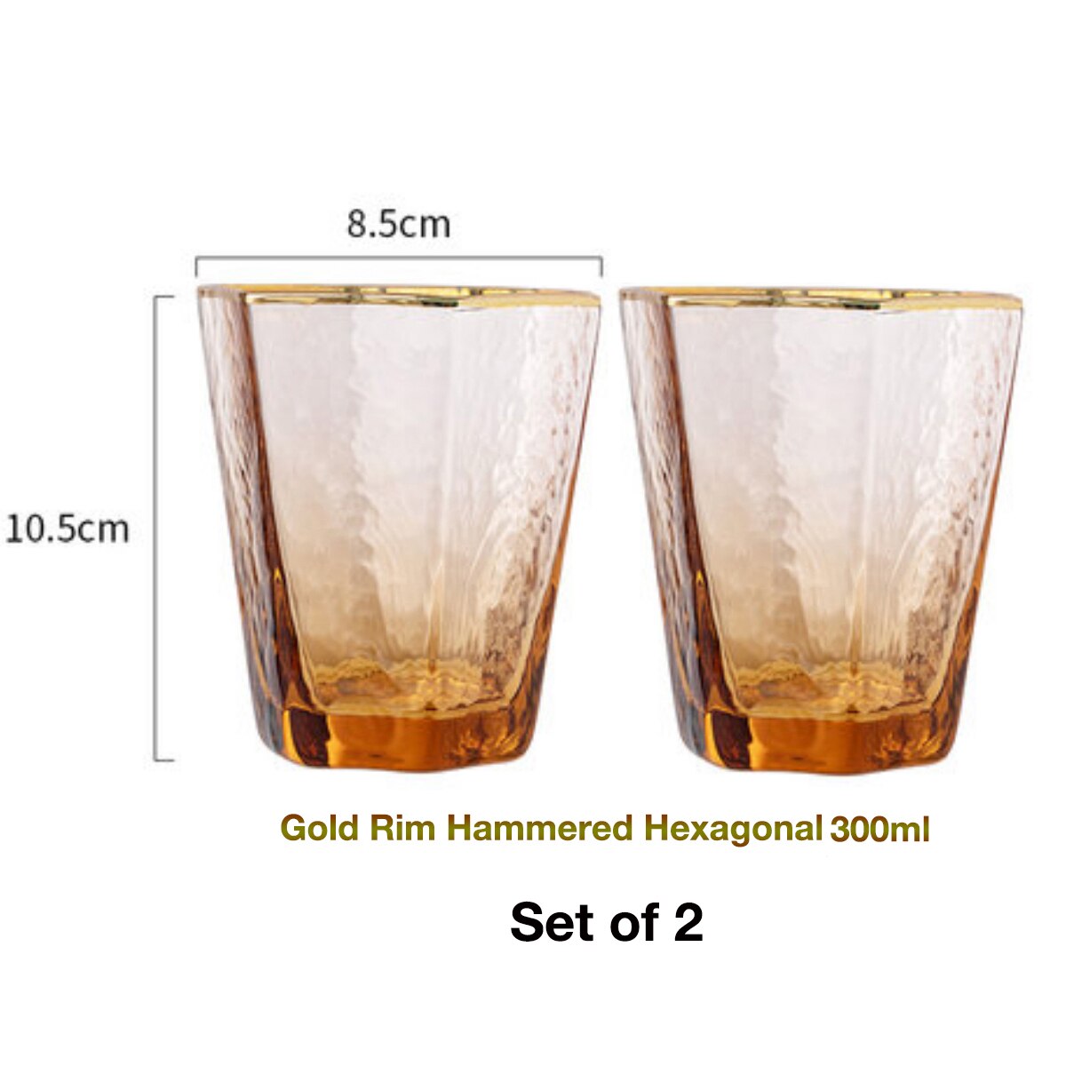2 PCS Hexagonal Hammered Gold Rim Champagne Glass, Wine Glass,Whisky Glass, Water Glass Set of 2: 300ml set of 2