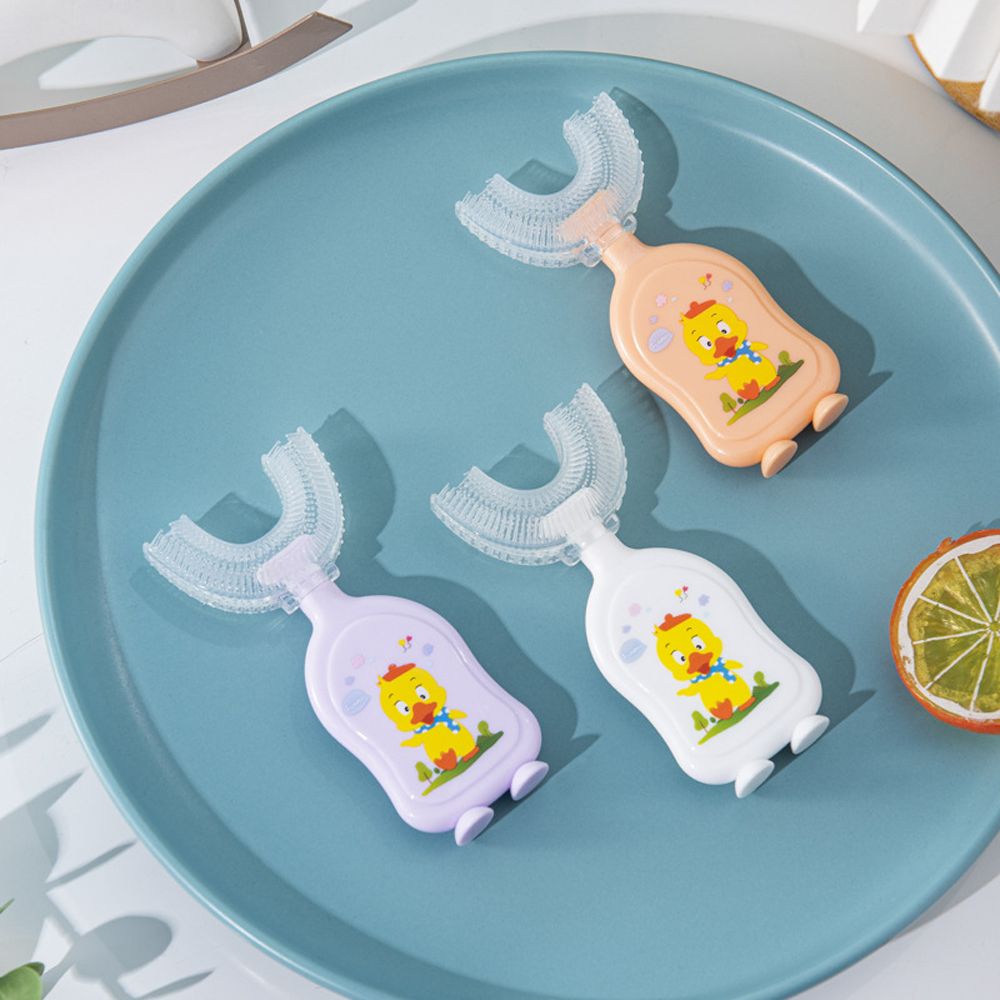 2-13 anni nuovo simpatico orso anatra bocca contenente tipo manuale a forma di U pulizia a 360 gradi massaggio spazzolino da denti in Silicone