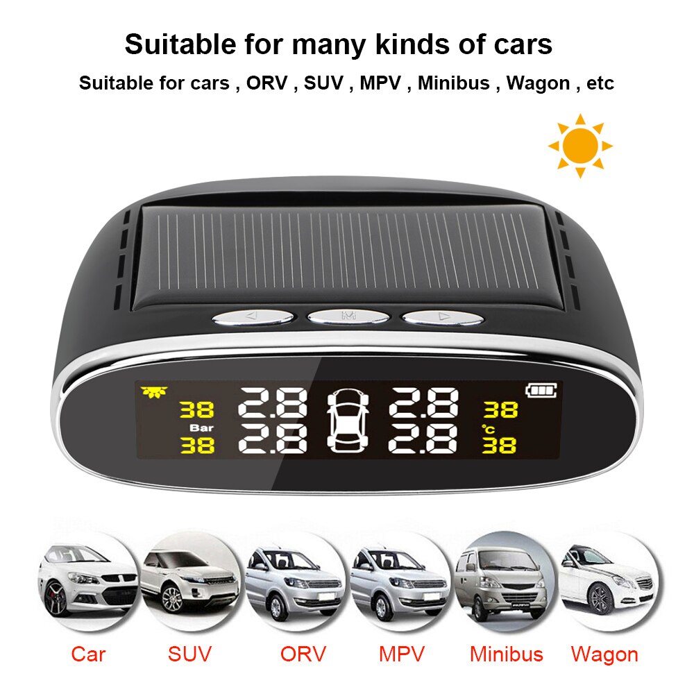 Car Tire Pressure Alarm Monitor System Temperature Alert Solar Power TPMS USB Solar Charging With 4 Internal/External Sensor