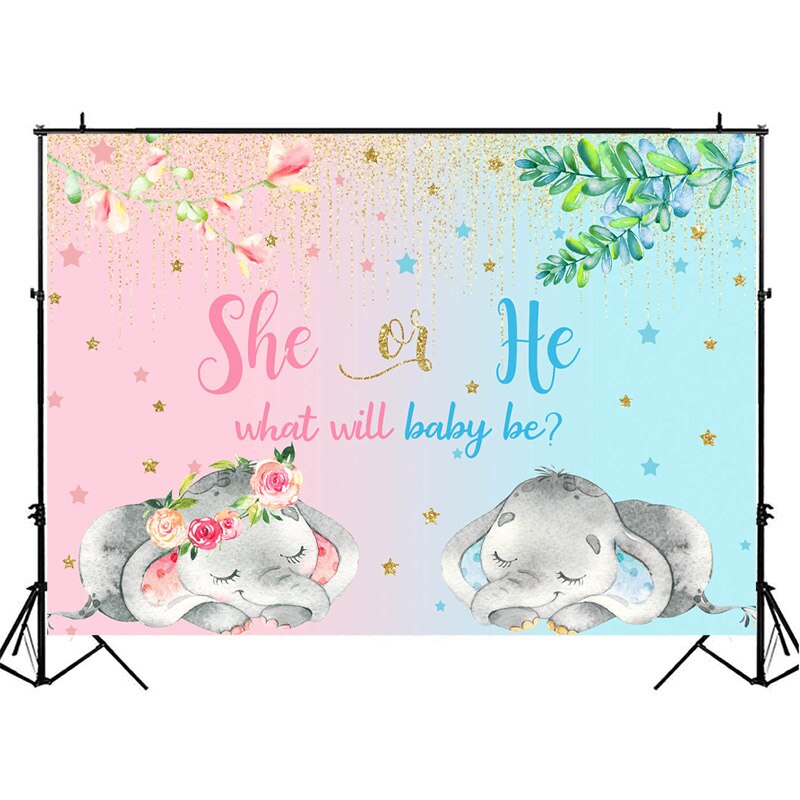 Geslacht Onthullen Achtergrond Voor Slapen Olifant Baby Douche Fotografie Achtergrond Glitter Gouden Kwastje Decoratie Banner Poster