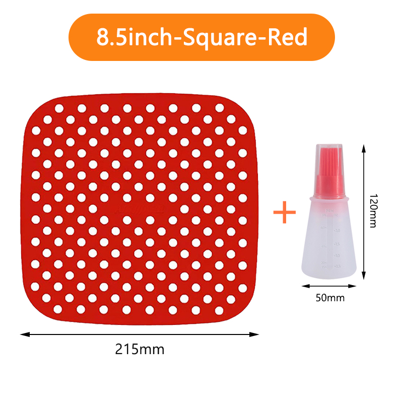 Tapis de revêtement de friteuse à Air en Silicone, antiadhésif, revêtement intérieur de cuisson pour accessoires de cuisine, rond et carré réutilisable: 8.5inch-Red and Oil