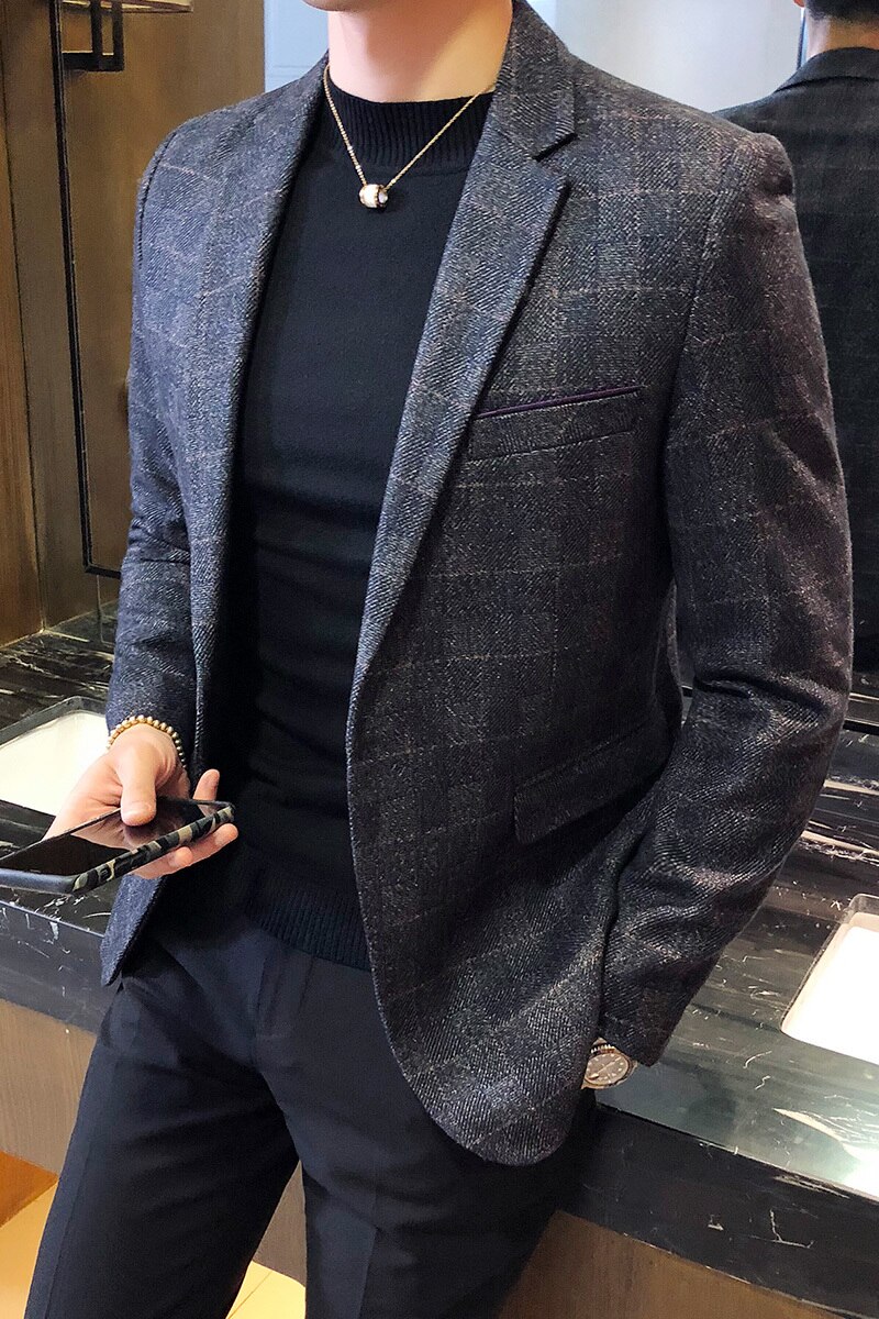 Vintage rutig kavaj brittisk snygg manlig kavaj kostymjacka business casual kavaj med en knapp för män vanlig abrigo hombre