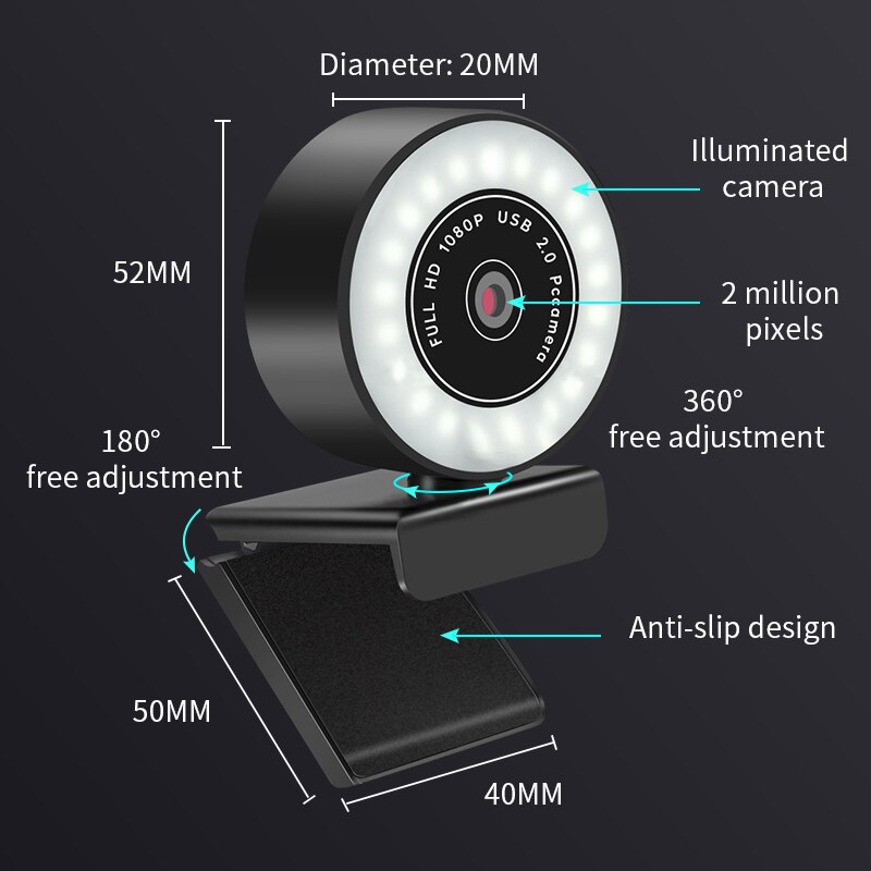 Webcam 2K Full Hd 1080P Pc Computer Webcam Usb Webcam Drive-Gratis Autofocus Ring Flash Vullen licht Cam Webcams Met Microfoon